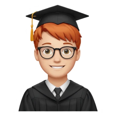 smiling red-haired white boy with glasses, graduation gown sticker