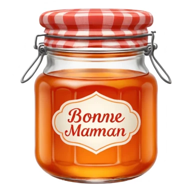 Bonne Maman orange marmalade jar, glass jar with red gingham lid, minimal style, orange marmalade, cute emoji style sticker