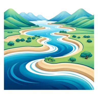 A 3D cartoon estuary where a river flows into the ocean, visible water color blend, soft natural lighting, Memoji-style. sticker