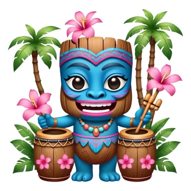 Pixar style little Blue and pink tiki singing with bongos and tropical flowers, ultra detailed and lifelike imagery, realistic sticker