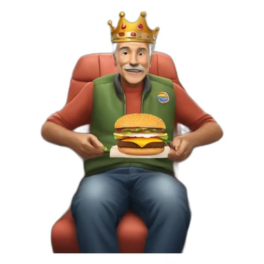 older 45yr old fraile man sitting on plane with burger king crown  sticker