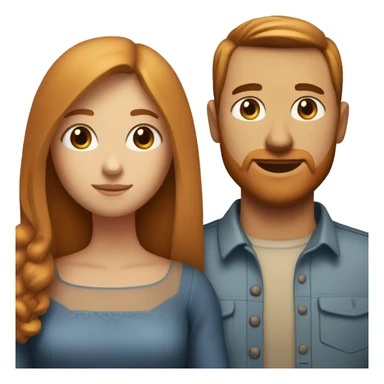 a married couple standing beside eachother, one has long straight ginger hair with bangs and blue eyes, the other person has tan skin and black hair with brown eyes sticker