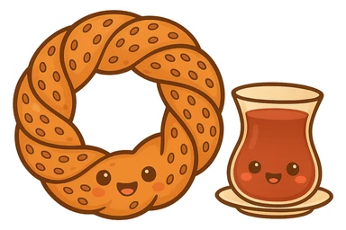 Add a traditional Turkish tea glass next to the simit, keeping the fun and appealing chibi sticker style, with no background. sticker