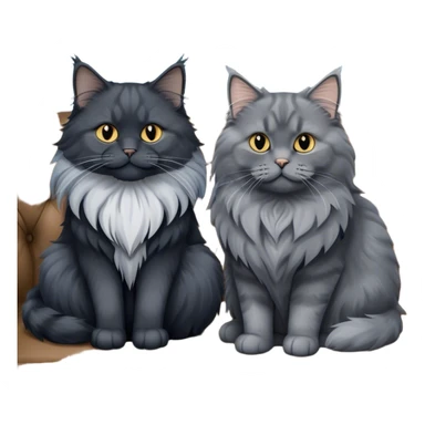 A large black smoke Maine Coon cat with long grey ear tufts and a fluffy grey ruff, sitting next to a chubby British Shorthair cat in blue color with plush fur, both sitting comfortably on a leather sofa. Beautiful room background with flowers and soft lighting. Transparent background. sticker