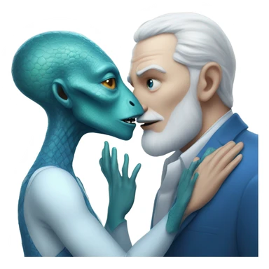 White man in blue dress hugs and kissing Alien reptilian woman in white dress  sticker