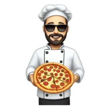Dark haired chef with beard and big dark glasses holding a slice of pizza sticker