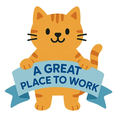 flat toon style cat holding a ribbon with the text 'a great place to work' written in blue sticker