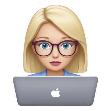 donna bella, occhi azzurri con occhiali, capelli medi, lisci e biondi, lavora usando lo schermo pc. Labbra color malva chiaro sticker