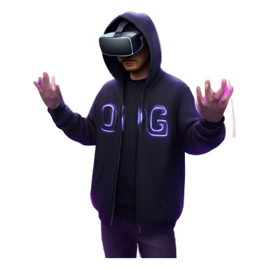 Russian man wearing a black hoodie with "OMG" letters on it and VR headset in a cyberpunk VR environment with violet neon lighting. sticker