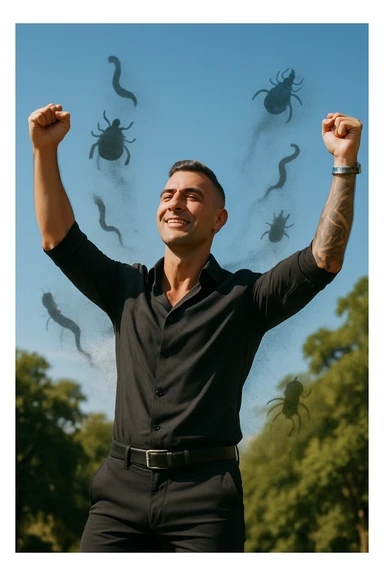 a man stands outdoors in bright sunlight, arms raised in relief and joy, while faint, shadowy silhouettes of parasites fall away from his body and dissolve into the air. His posture is upright and energetic, his expression serene and healthy. The background features green trees and a clear sky, emphasizing liberation and restored well-being. sticker