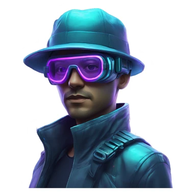 Secret human agent in a hat with  cyberpunk elements in VR googles scanning looking reviewing multicolor lines of code, cyan and purple colors, only upper body portrait sticker