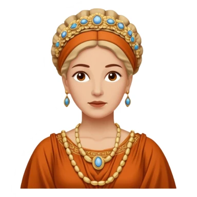 An emoji portrait of a mature Greek noblewoman. She wears a terracotta-colored chiton with intricate embroidery. Her hair is styled in an elegant updo, and she has a calm, wise expression. sticker