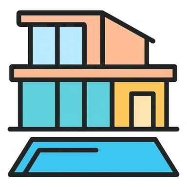 luxury mansion, minimalist contemporary design, large windows, pool, icon style sticker