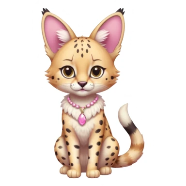 Whitish pastel-rosy-pink cute elegant furry kawaii Serval, full body, with a cute pretty necklace  sticker