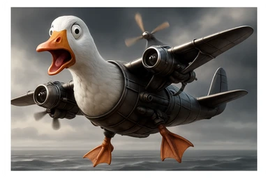 Change the expression of the goose-plane creature to surprised, keeping all other details and colors the same, in a style consistent with the original image. sticker
