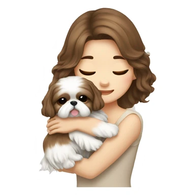 long brown wavy hair korean girl hugging cream colored shih tzu sticker