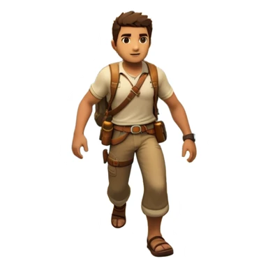 an adventure game, inspired by Uncharted-2. The design features a rugged explorer navigating through ancient ruins, with treasure and obstacles in the background. A dynamic environment with jungle, cliffs, and puzzles highlights the thrill of discovery and action. Transparent background. sticker