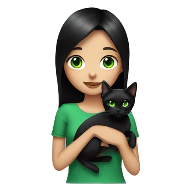 girl with black straight hair and green eyes holding a black cat with green eyes sticker