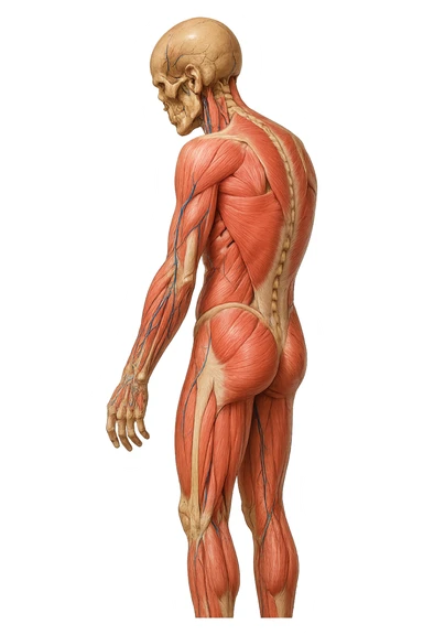 corpo umano anatomico realistico leggermente curvo con la schiena e le spalle che puntano leggermente in avanti, postura delle spalle chiuse, isolato su sfondo bianco sticker
