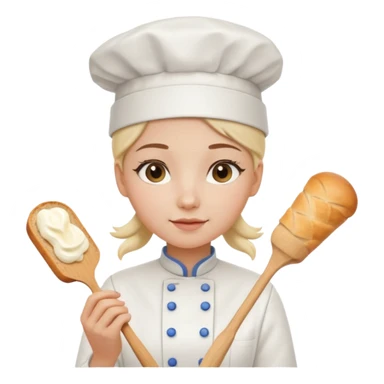 Young female baker - white chef hat, holding cream piping bag to milk oil on bread sticker