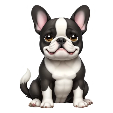 cinematic-[french bulldog]-realistic-full-body-sitting-emoji,-tail-resting-loosely-beside-its-paws,-head-tilted-dramatically,-sleek-[black ant white pied]-fur,-simplified-yet-realistic-focused-features,-highly-detailed,-glowing-with-an-almost-sarcastic-glow sticker