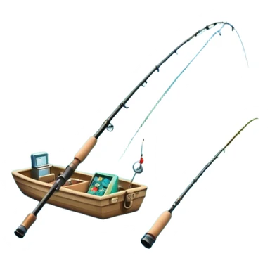 Icon for Fishing Travel: a fishing rod, tackle box and a boat on a calm lake surrounded by mountains and lush greenery, with fish jumping out of the water. The icon should capture the peaceful and adventurous nature of fishing trips. Transparent background. sticker