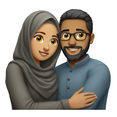 A young Muslim woman and her young Muslim husband with glasses and a beard hug sticker