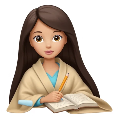 White Barbie girl with a long straight dark brown hair inside a pale beige blanket is writing a book sticker