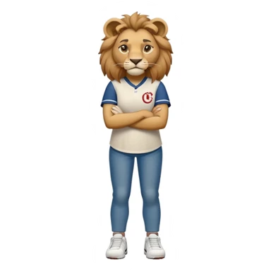 friendly anthropomorphised female lion wearing a baseball shirt, jeans, trainers, standing upright with arms folded, looking very determined sticker