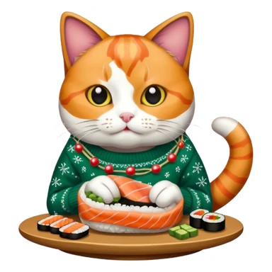 cat wearing a christmas sweater eating sushi sticker
