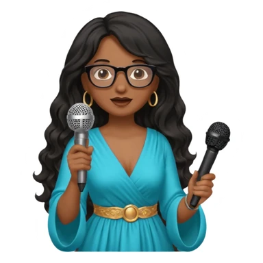 singer, Middle age, long wavy black hair, brown skin, wearing dress, holding mic, glasses sticker