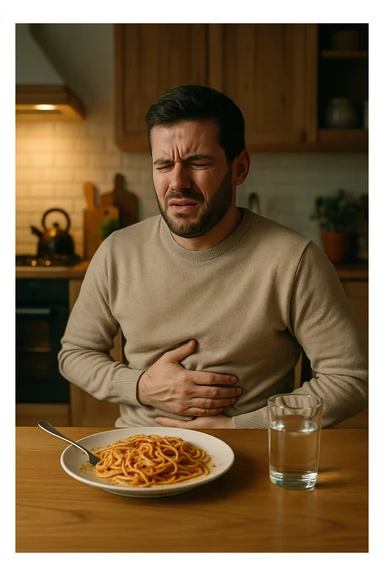 a man sits at a dining table, looking uncomfortable and holding his stomach after eating a plate of pasta. His expression shows mild pain or bloating. On the table, there’s a half-eaten plate of spaghetti, and a glass of water. The background is a cozy kitchen, but the focus is on the man’s discomfort.
 sticker
