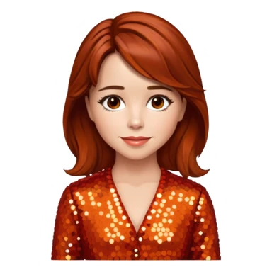 Linda Cardellini with reddish brown hair, red-orange sequin outfit sticker