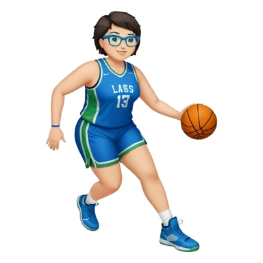 Full Body plus size white female basketball player with short dark hair with highlights spike hair wearing blue glasses  wearing blue green uniform smiling sticker