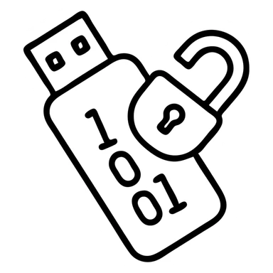 outlined icon of a USB drive and broken lock combined, tilted down-left, transparent look, gray and black, with 1s and 0s inside sticker
