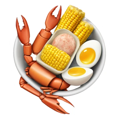 Bowl with crab legs and hard boiled eggs and corn cobs and sausage  sticker