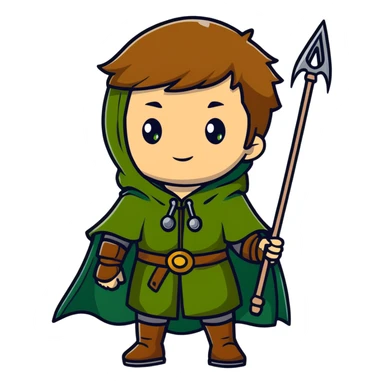 Rudeus Greyrat from Mushoku Tensei, green eyes, short light brown hair, wearing adventurer's outfit with a green cloak, holding a staff, confident and curious expression sticker