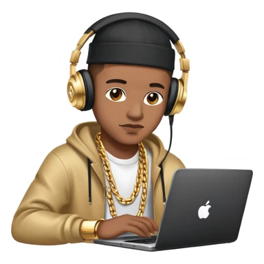 rapper developer with gold chain, headphones and laptop sticker