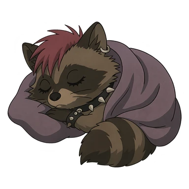 a punk goth trash baby raccoon cuddled up tucked in for a cozy nap sticker