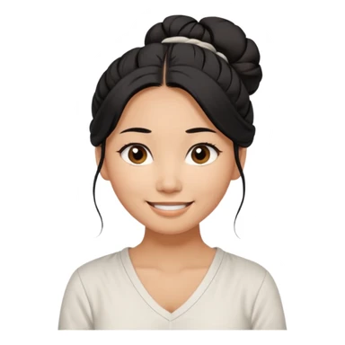 medium tan asian woman with long black hair tied 1 messt bun on top of head,  round brown eyes, white v neck blouse. shes smiling and friendly. sticker
