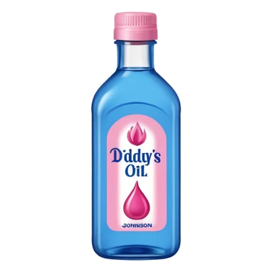 bottle of oil blue top pink outside with logo that says Diddys Oil Johnson and Johnson bottle with a berry on top sticker