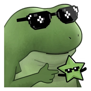 bufo with triangle shaped 8 bit sunglasses full black, confident smile, with a mini black star in his hand sticker