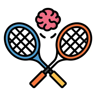 two tennis rackets facing each other with a brain emoji bouncing around between them, colorful outline icon style, vibrant and playful sticker