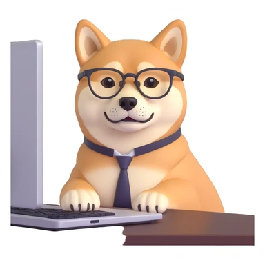 shiba inu with eye glasses and computer sticker