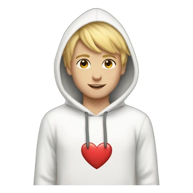 blonde haired boy in white hoodie with a heart on it sticker