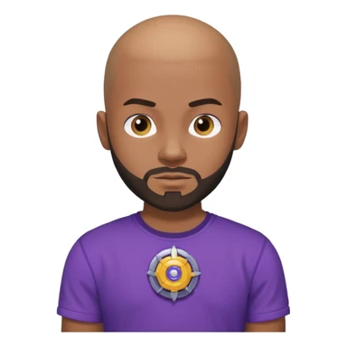 um jovem negro, careca, com barba, com um olhar confiante e olhando para frente, usando uma camisa roxa mostrando o seu beyblade. sticker