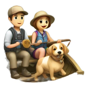 A couple boy and girl fishing together in a boat with a dog sticker