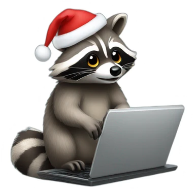 Raccoon typing on a laptop with christmas hat sticker