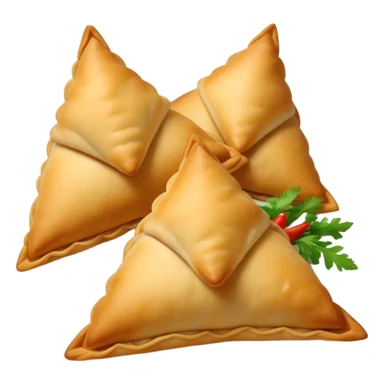 Cinematic Realistic Samosas Dish Emoji, depicted as golden, crispy pastry pockets filled with spiced vegetables rendered with detailed textures and appetizing lighting. sticker