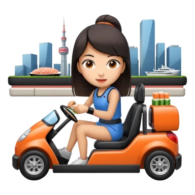 Asian girl driving a gokart and eating sushi in a city sticker